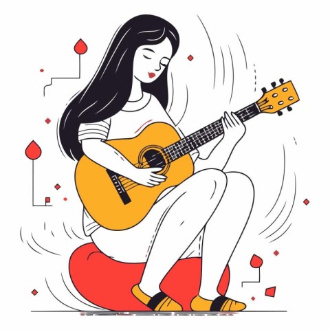 Young woman playing the guitar in line art style.