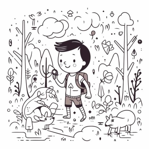 Boy with a backpack and a map in the forest