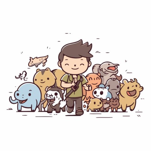 Vector illustration of a boy with a group of animals. Cartoon st