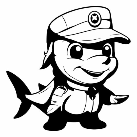 Black and white illustration of a cute cartoon shark in a cap an