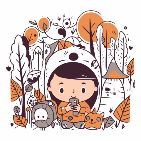 Cute cartoon girl in astronaut costume with a cat in the forest.