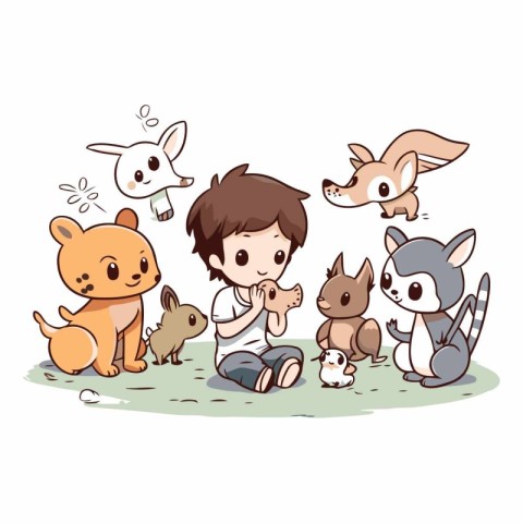 Cute little boy playing with a group of animals.