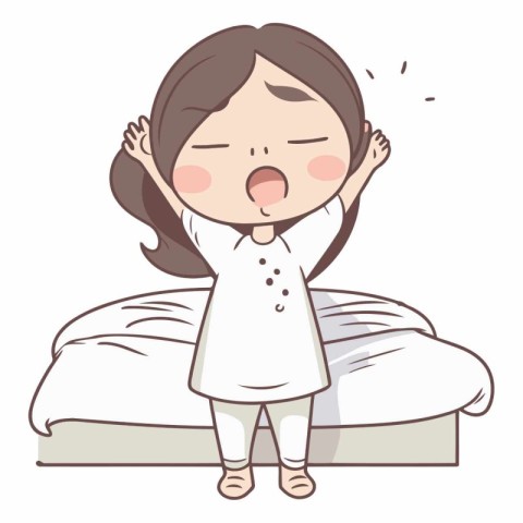 Illustration of a woman in pajamas yawning on the bed