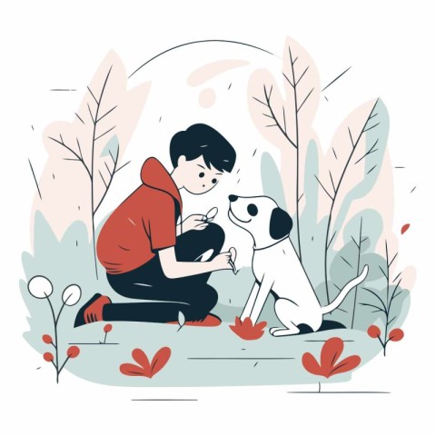 Vector illustration of a boy playing with a dog in the park.