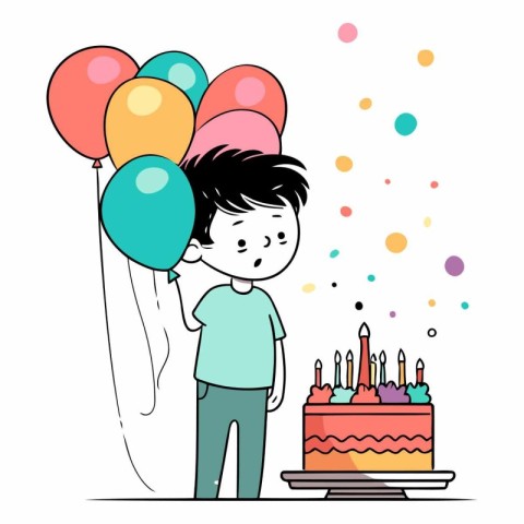 Cute cartoon boy with birthday cake and balloons.