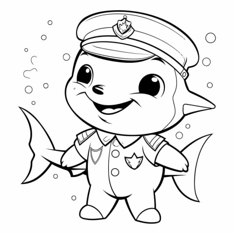 Black and White Cartoon Illustration of Cute Marine Captain Char