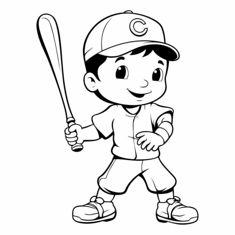 Baseball Player with Bat - Black and White Cartoon Illustration.