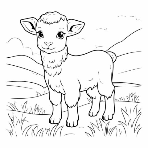 Cute cartoon sheep on the meadow for coloring book.