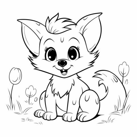 Cute cartoon fox sitting on the grass for coloring book.