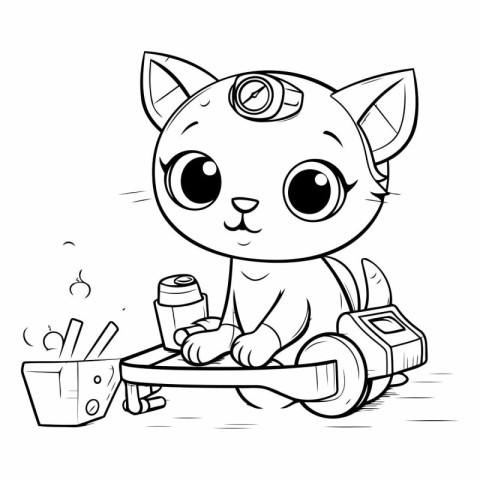 Black and White Cartoon Illustration of Cute Cat Drinking Water