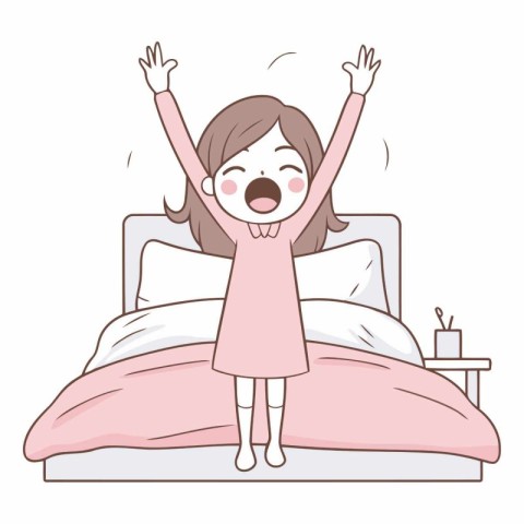 Illustration of a little girl raising her hands in the bed.