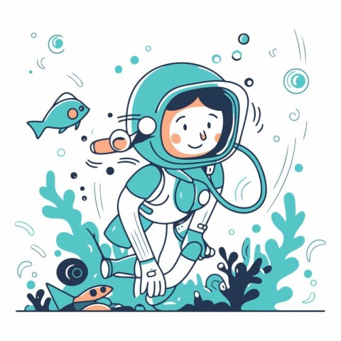 Cute cartoon little boy in space suit playing with fishes.