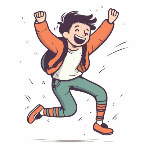 Happy boy jumping with backpack. Vector hand drawn illustration