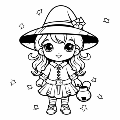 Black and White Cartoon Illustration of Cute Little Witch Girl C