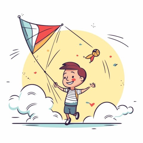 Cute boy flying a kite in the sky