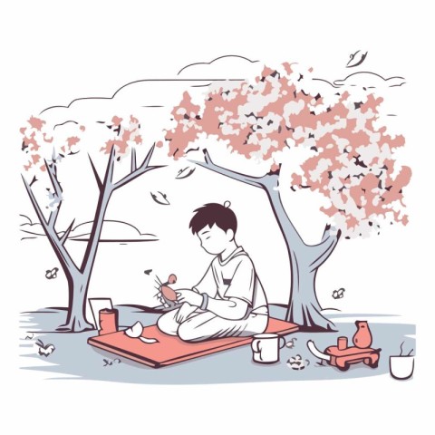 Illustration of a young man sitting on the grass in a park and m