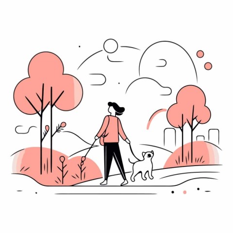 Vector illustration of a woman walking her dog in the park. Line