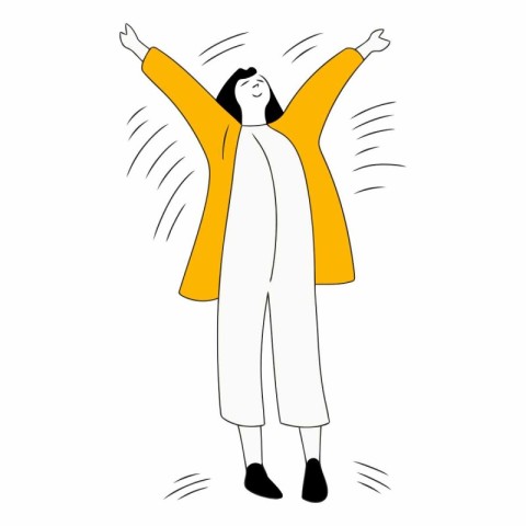 Happy woman in a yellow coat with hands up.