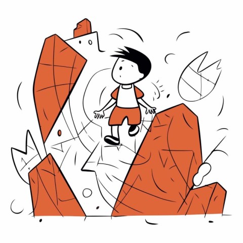 Vector illustration of a boy jumping over a cliff. Doodle style.