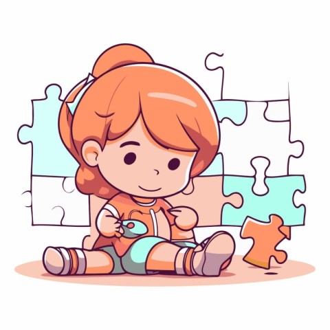 Cute little girl sitting on the floor and playing with puzzle pi