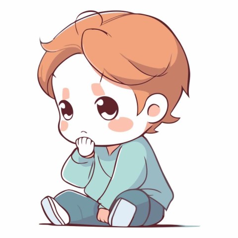 Illustration of a Cute Little Boy Sitting and Thinking About Som