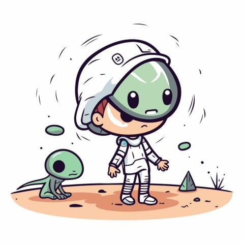 Astronaut and alien on the planet. Cartoon vector illustration.