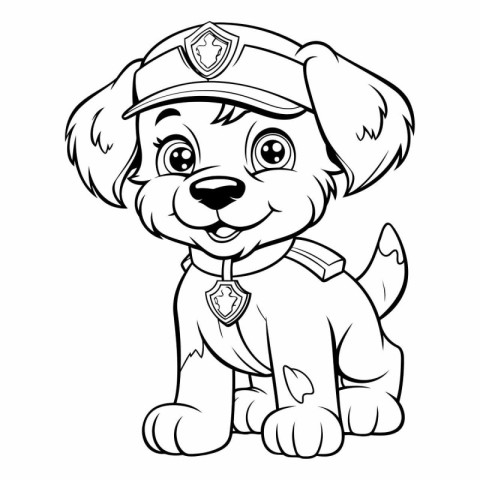 Black and White Cartoon Illustration of Cute Puppy Police Dog Co