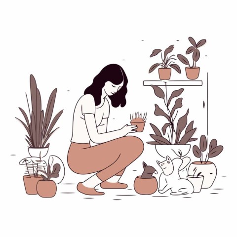 Girl with cat and houseplants in sketch style