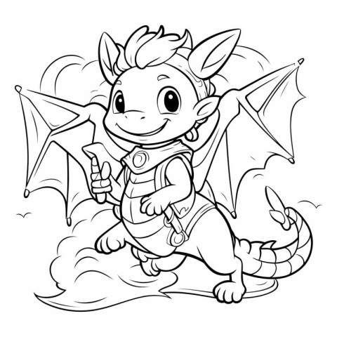 Black and White Cartoon Illustration of Little Dragon Fantasy Ch