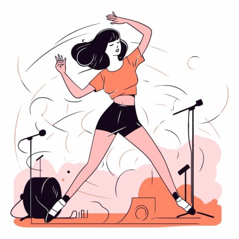 Vector illustration of a girl singing and playing music on the s