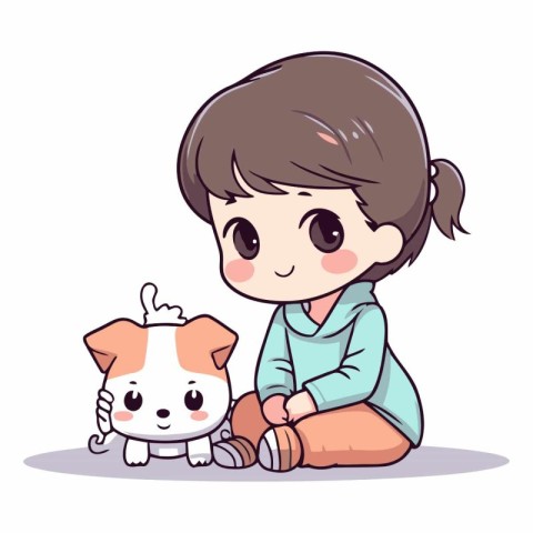 Little girl and dog. Cute cartoon style.