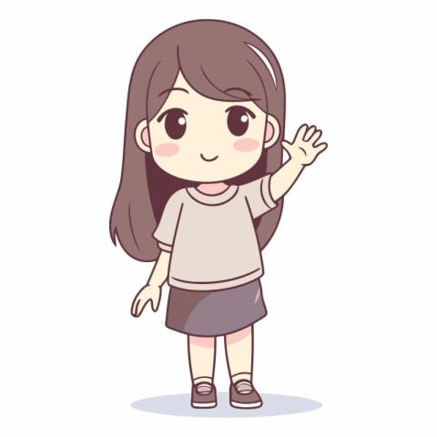 Cute little girl waving hand in cartoon style.