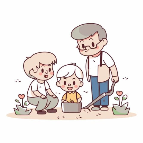 Grandfather and grandson planting a flower in the garden