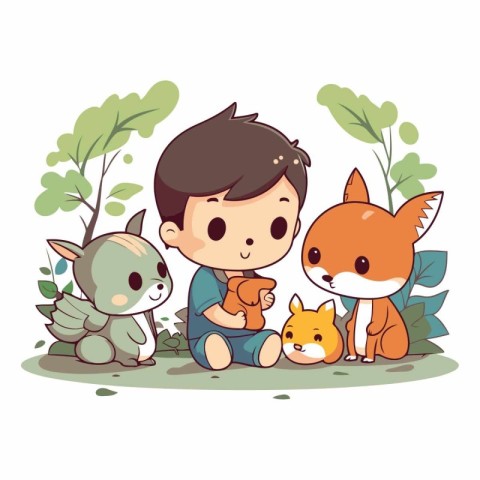 cute boy playing with animals in the park vector illustration gr