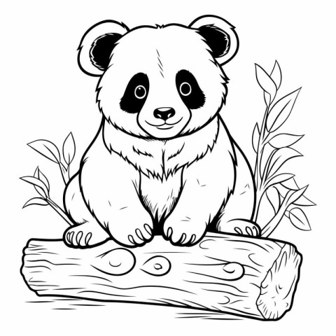 Panda sitting on a log. Black and white vector illustration.