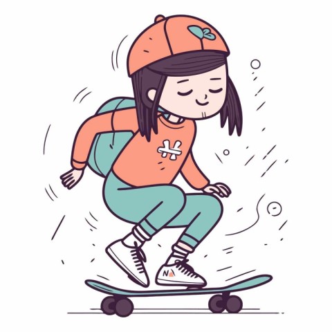 Little girl riding a skateboard in a linear style.