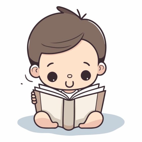 Cute little boy reading a book of cartoon character.