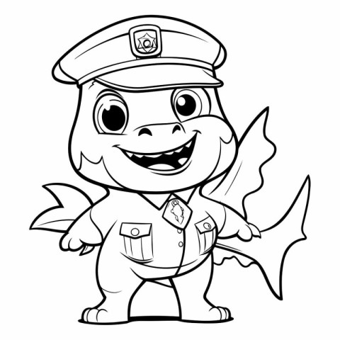 Black and White Cartoon Illustration of a Little Fish Police Off