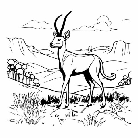 Antelope in the mountains. Black and white vector illustration f