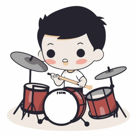 Boy playing drum set on white background of a boy playing drums.