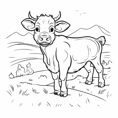 Cow on the meadow. Black and white vector illustration for color