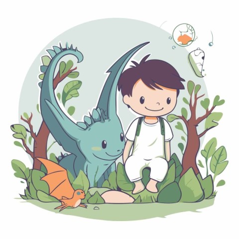 Cute boy with dinosaur in the jungle for children.