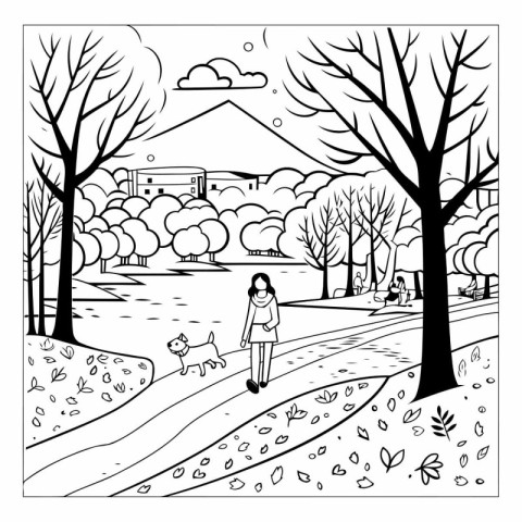 Girl walking in the park with her dog. Coloring book for adults.