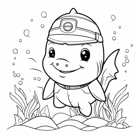 Coloring Page Outline Of Cute Cartoon Fish With Captain Hat