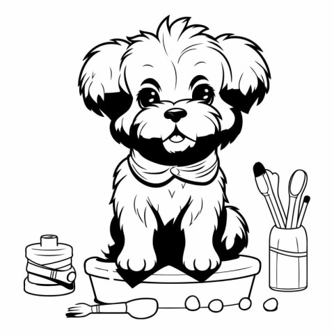 Cute cartoon shih tzu dog sitting in a bath and brushing teeth