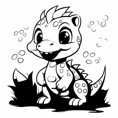 Black and white illustration of a cute dinosaur sitting on a gra