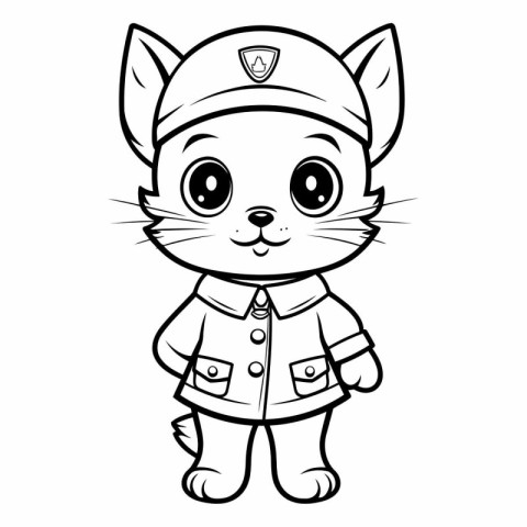 Black and White Cartoon Illustration of Cute Cat Police Officer