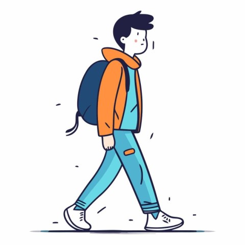 Young man walking with backpack in flat cartoon style.