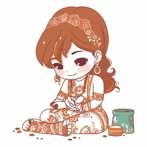 Cute little girl in ethnic clothes. Hand drawn vector illustrati