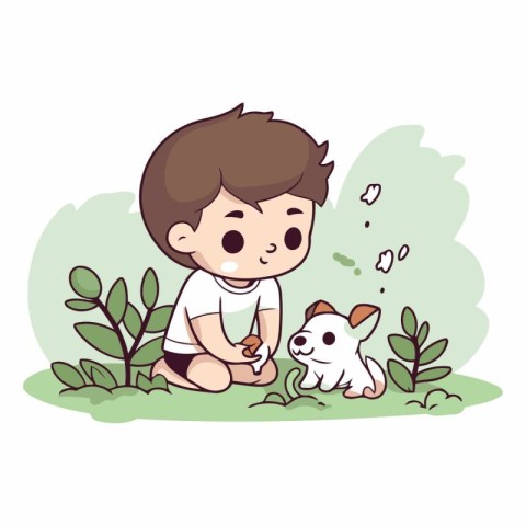 Cute little boy playing with dog in the garden